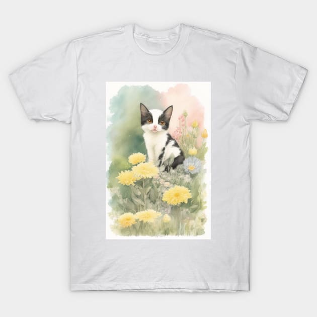 Black-white Cat in the Flower Garden Soft Pastel Colors T-Shirt by Stades